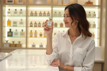 Femme comparant des flacons de parfum dans une boutique de cosmétiques moderne, alternative à Sephora