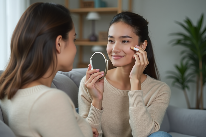 Femme appliquant concealer sous les yeux dans un salon moderne
