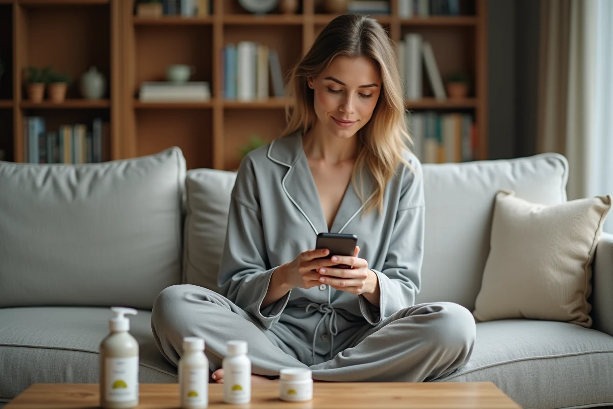 Femme consultant un site de cosmétiques naturels Zaturelle sur smartphone entourée d'échantillons de produits