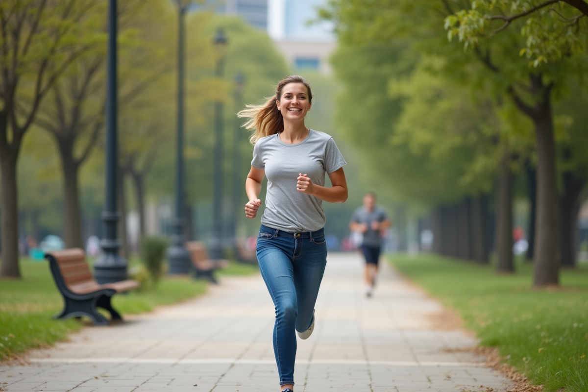 Jeune femme souriante en jogging dans un parc urbain