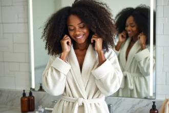 Jeune femme aux cheveux bouclés appliquant une crème définissante pour boucles dans sa salle de bain