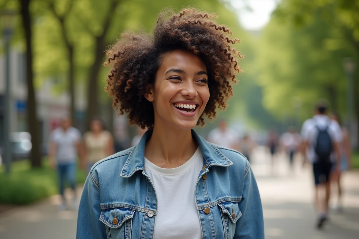 Jeune femme aux cheveux bouclés en ville dans un parc