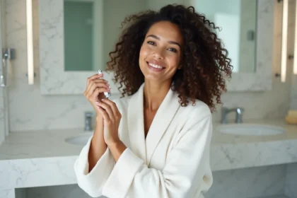 Femme utilisant un dermaroller sur son cuir chevelu dans une salle de bain moderne