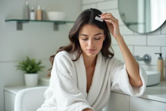Femme utilisant un dermaroller sur le cuir chevelu dans une salle de bain moderne pour stimuler la pousse des cheveux