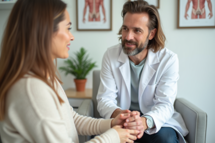 Femme parlant avec un dermatologue dans un cabinet médical
