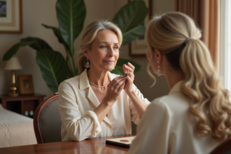 Femme élégante en maquillage dans un salon chaleureux