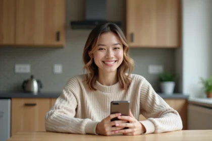 Femme testant des coiffures virtuelles avec smartphone dans la cuisine