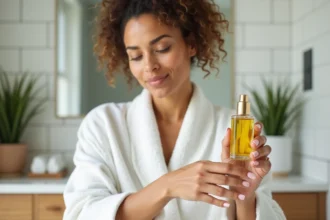 Femme appliquant de l'huile d'olive sur sa peau dans une salle de bain naturelle, comparaison huile d'olive et crème hydratante