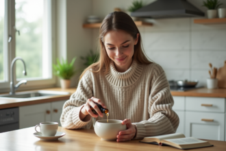 Femme versant des huiles essentielles dans un diffuseur dans une cuisine lumineuse