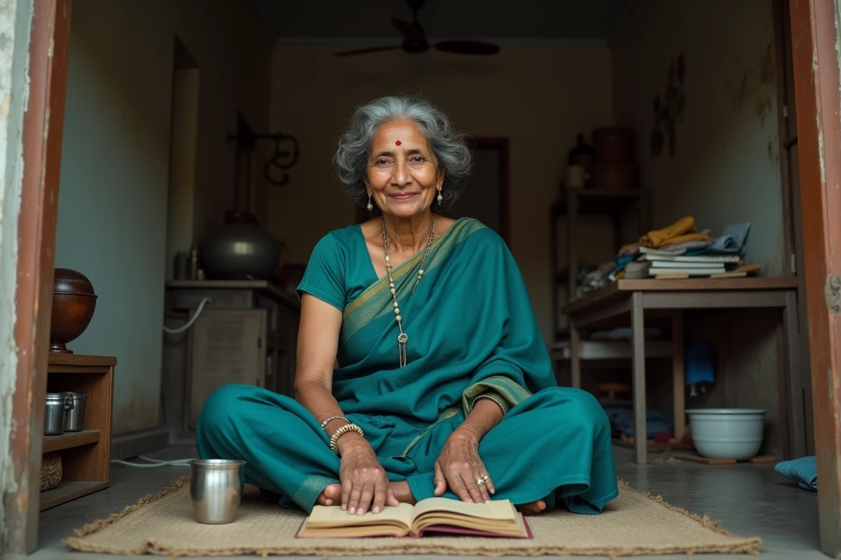 Femme indienne d'âge mûr en sari teal assise dans un appartement de Mumbai, cheveux grisonnants et rides naturelles visibles, portrait sans retouche