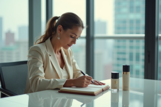 Femme élégante examine des produits de soin de luxe dans un bureau moderne