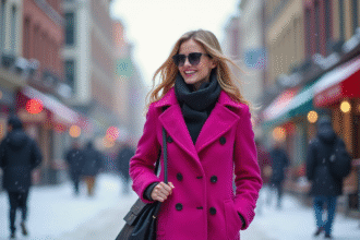 Femme élégante en manteau fuchsia dans la neige