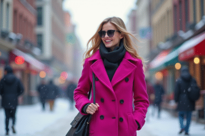 Femme élégante en manteau fuchsia dans la neige