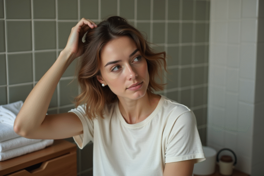 Femme se massant le cuir chevelu dans une salle de bain chaleureuse