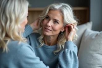 Femme d'âge moyen avec cheveux blancs dans un salon scandinave