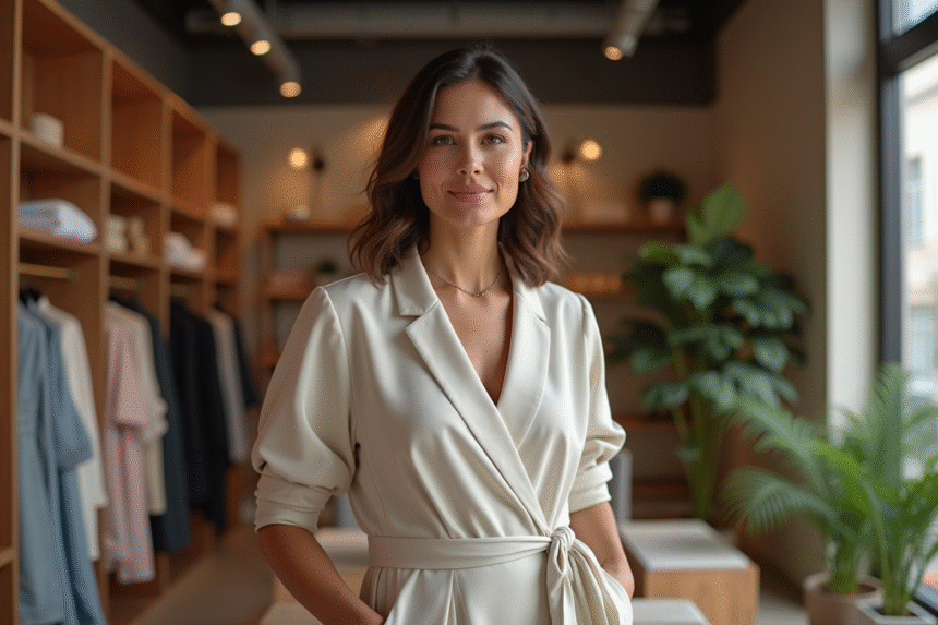 Femme élégante en robe cintrée dans une boutique chic
