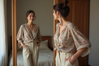 Femme élégante en miroir dans sa chambre cosy