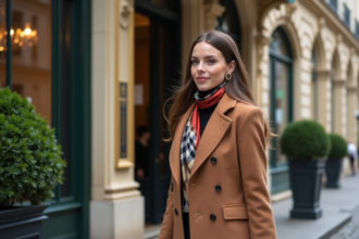 Femme élégante devant une maison de couture parisienne