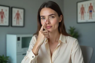 Femme aux traits méditerranéens touchant son nez grec lors d'une consultation ORL dans un cabinet médical moderne