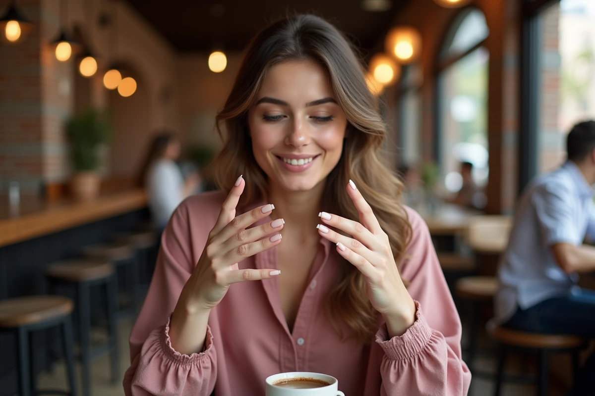 Jeune femme admirant ses ongles en porcelaine en forme d'amande dans un café urbain avec expression satisfaite