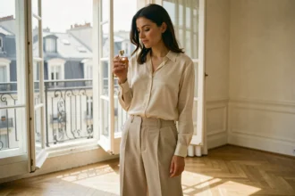 Femme tenant un flacon de parfum Zara dans un appartement parisien lumineux, vêtue d'un chemisier en soie ivoire