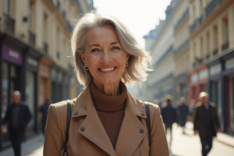 Femme confiante de 50 ans marchant dans Paris au matin