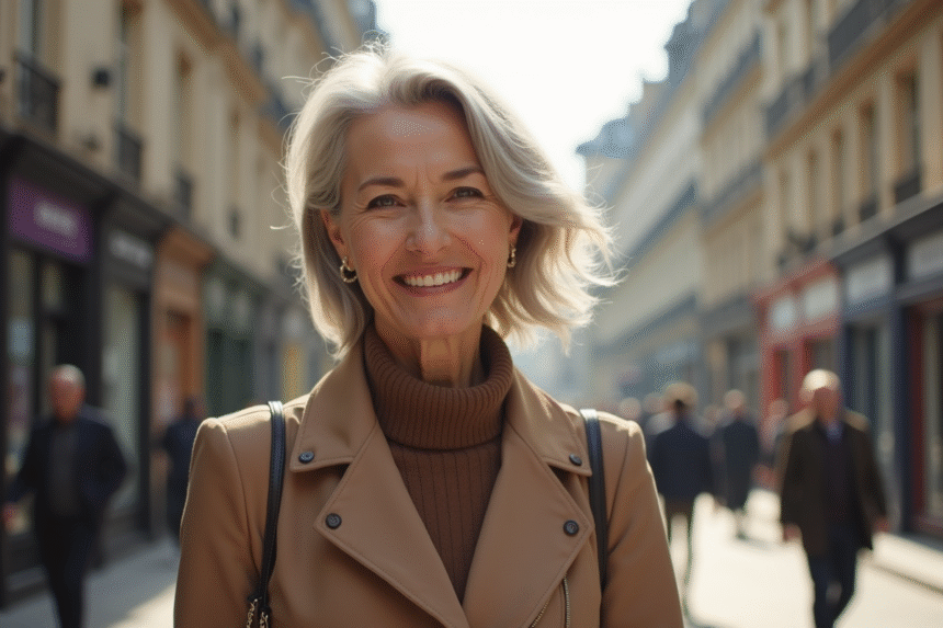 Femme confiante de 50 ans marchant dans Paris au matin