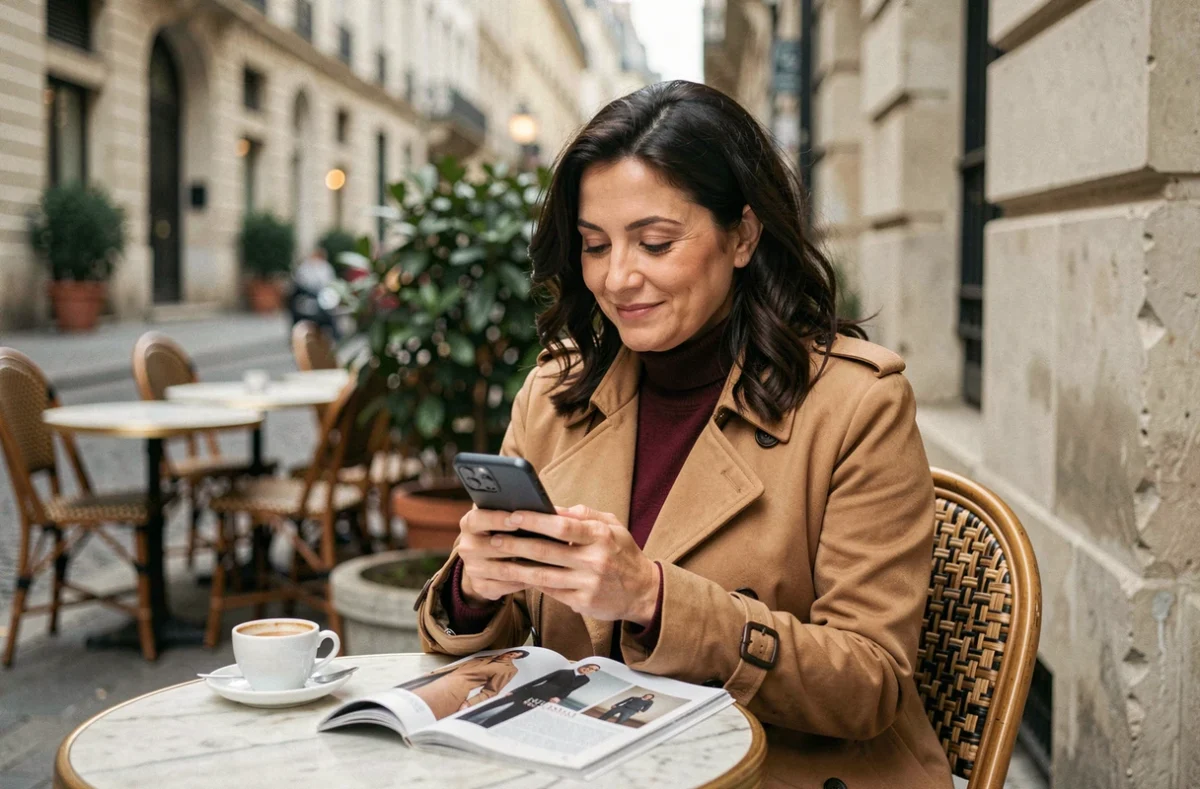 Femme parisienne élégante en terrasse de café consultant son téléphone, inspirée par des célébrités féminines reconnues pour leur beauté