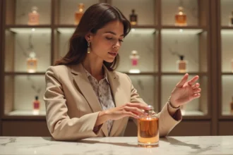 Femme en blazer beige examine un parfum dans une boutique élégante