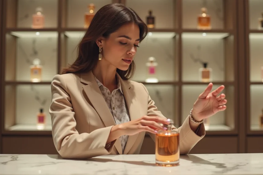 Femme en blazer beige examine un parfum dans une boutique élégante