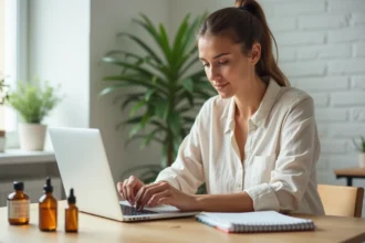Femme lisant attentivement l'étiquette d'un produit naturel Zaturelle avant de passer sa première commande en ligne