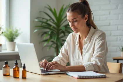 Femme lisant attentivement l'étiquette d'un produit naturel Zaturelle avant de passer sa première commande en ligne