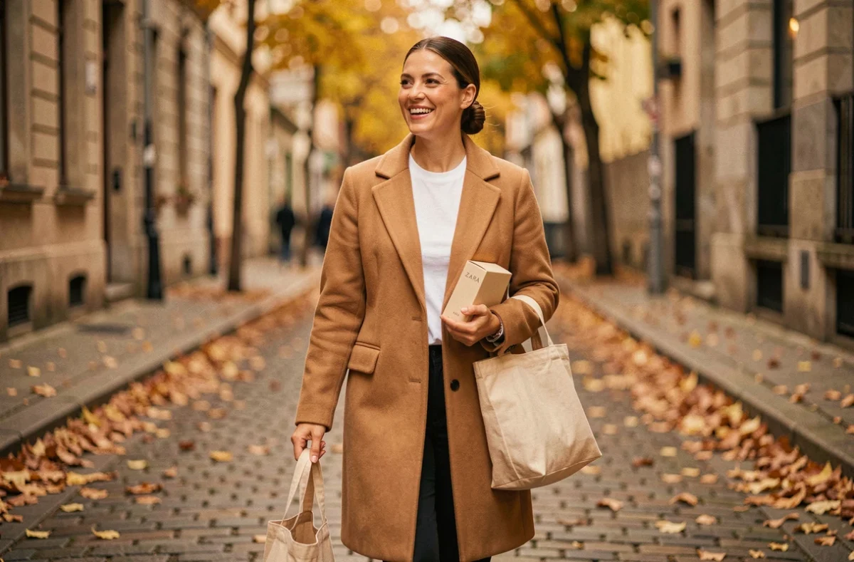 Femme portant un manteau camel tenant une boîte de parfum Zara dans une rue pavée en automne