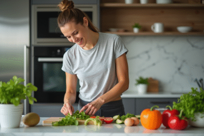 Femme en cuisine préparant une salade fraîche
