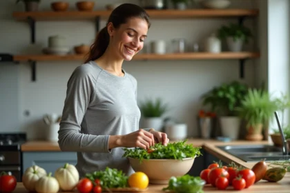 Femme souriante préparant une salade colorée en cuisine