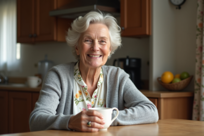 Femme âgée souriante dans sa cuisine chaleureuse