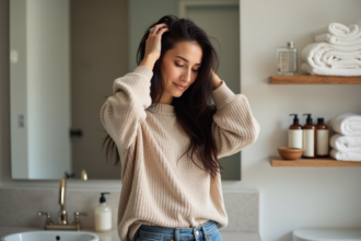 Femme se lavant les cheveux dans une salle de bain moderne