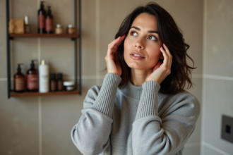 Femme appliquant un shampoing naturel dans un salle de bain moderne