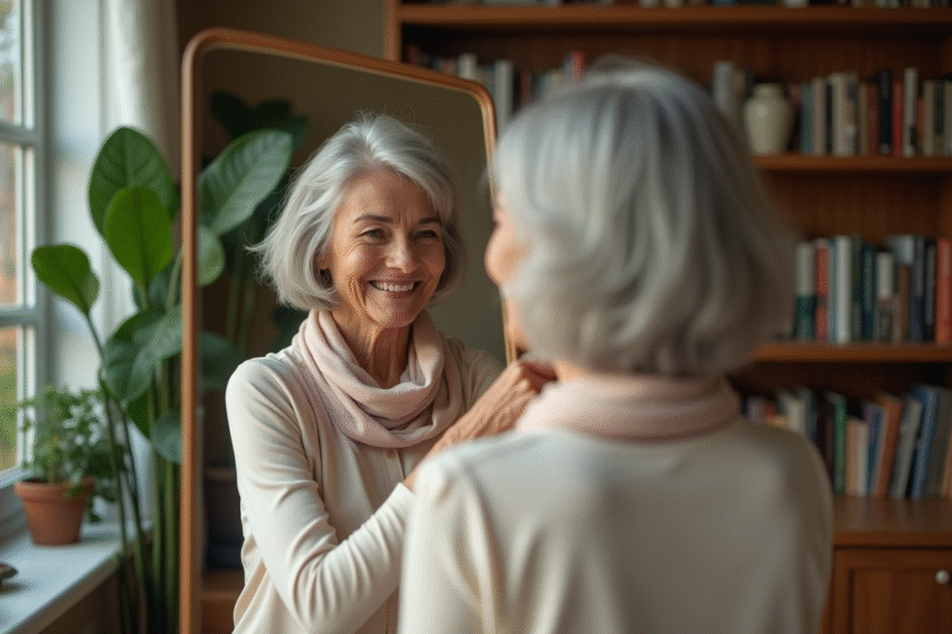 Femme élégante de 60 ans regardant son reflet dans un miroir