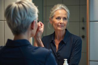Femme élégante se maquillant devant miroir dans salle de bain