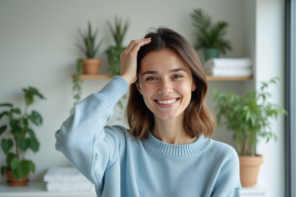 Femme souriante se massant le cuir chevelu dans une salle de bain naturelle