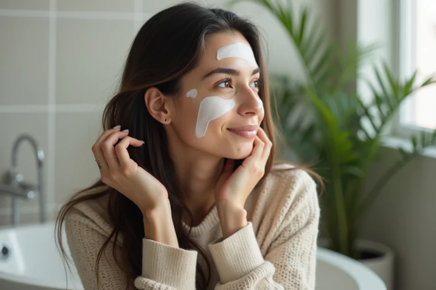 Femme appliquant un masque capillaire dans une salle de bain moderne