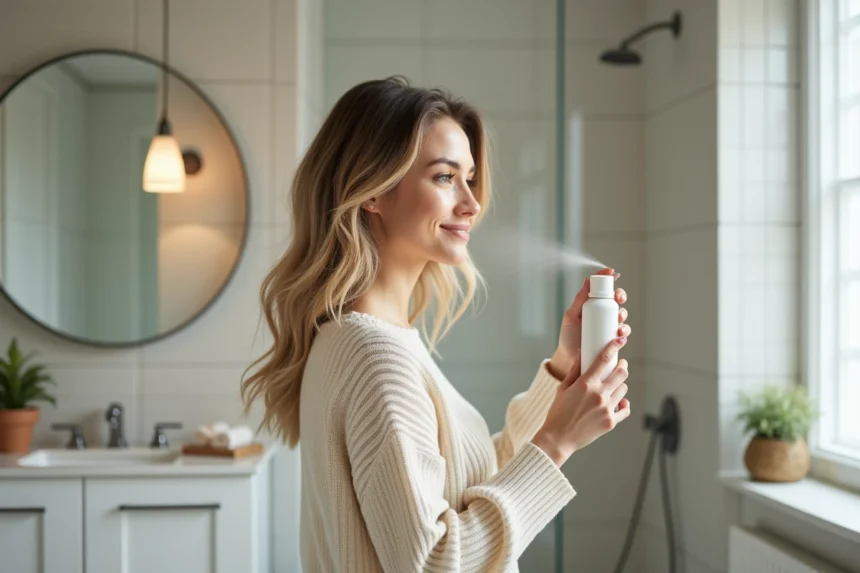 Femme souriante appliquant un spray pour cheveux dans une salle de bain