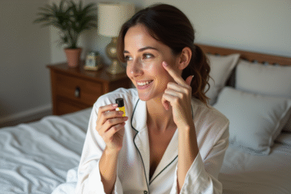 Femme appliquant huile visage en pyjama confortable