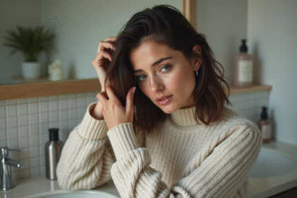 Femme préoccupée se coiffant dans la salle de bain