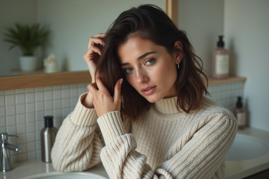 Femme préoccupée se coiffant dans la salle de bain