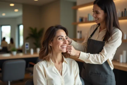 Femme souriante en salon avec coiffeuse professionnelle