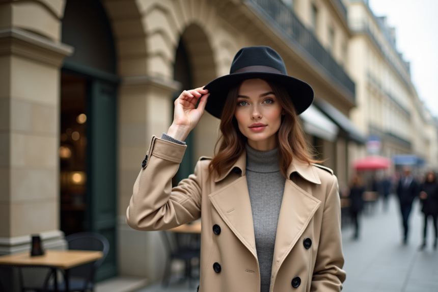 Femme élégante en trench beige et fedora à Paris