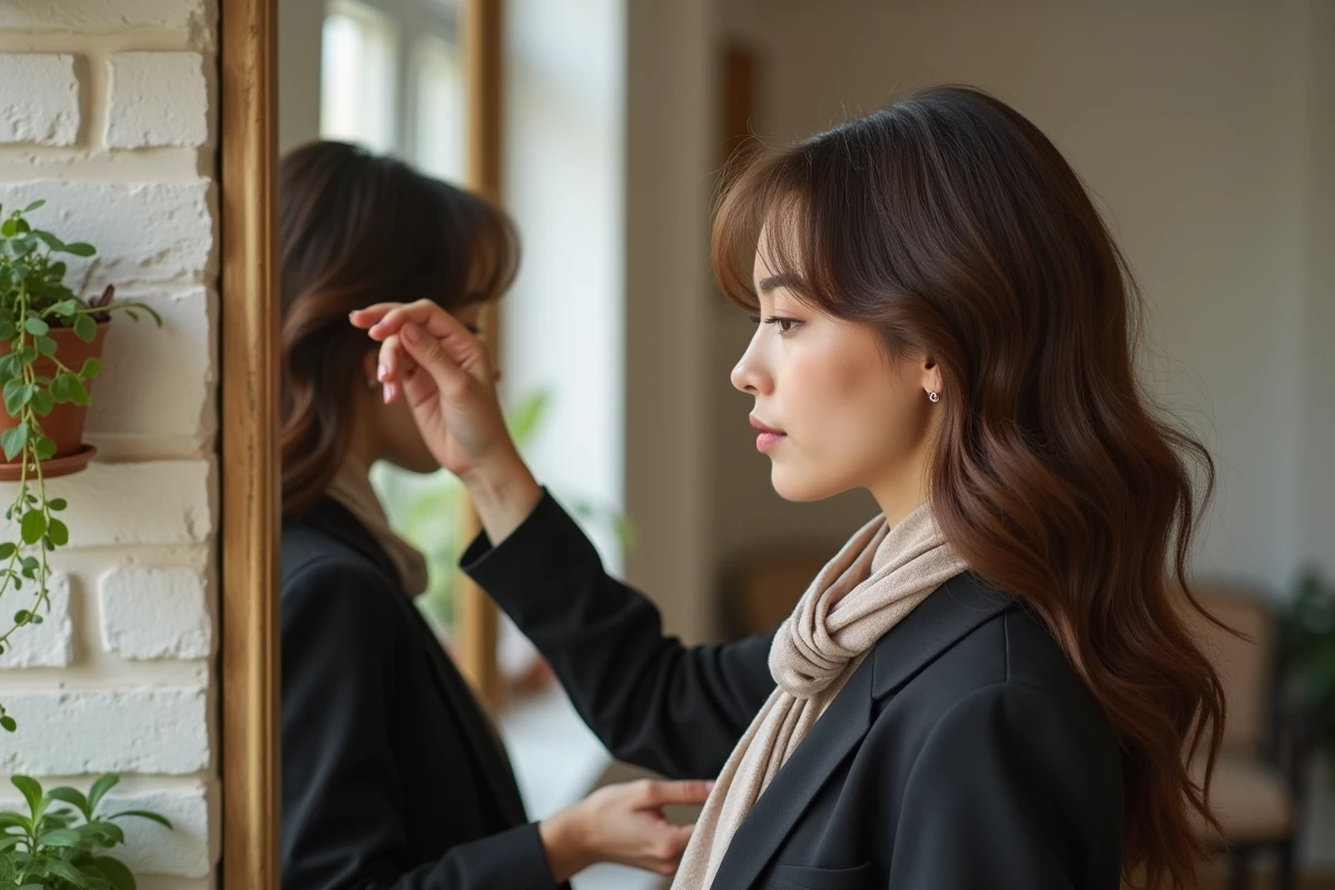 Jeune femme vérifiant sa coiffure dans un miroir