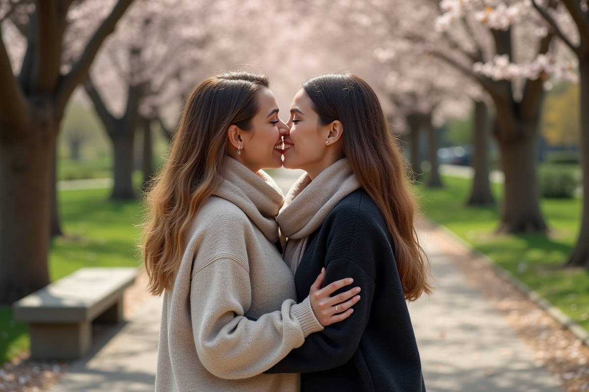 Deux femmes s’embrassant dans un parc en plein air